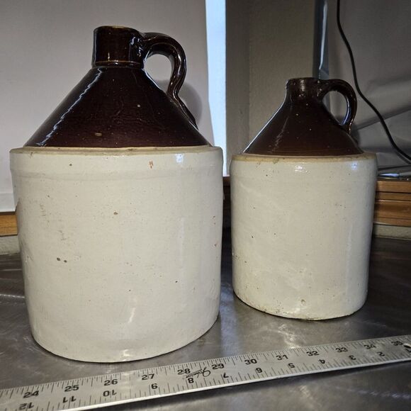 2 Antique Primitive Stoneware Pottery Crock Jug / Whiskey Moon shine - Picture 1 of 9